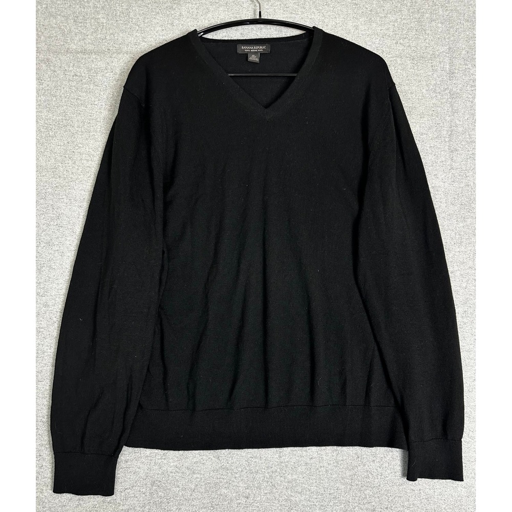Banana Republic V-Neck Sweater Mens XL Black 100% Merino Wool Knit